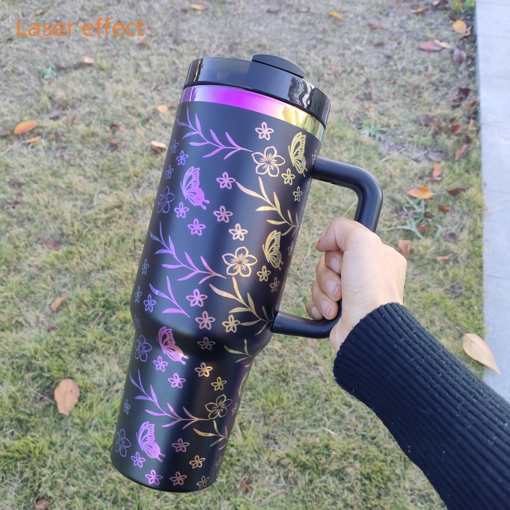 20PCS 40oz Rainbow Plated Engraved White and Black Powder Coated Stainless Steel Tumbler with Handle h2.0