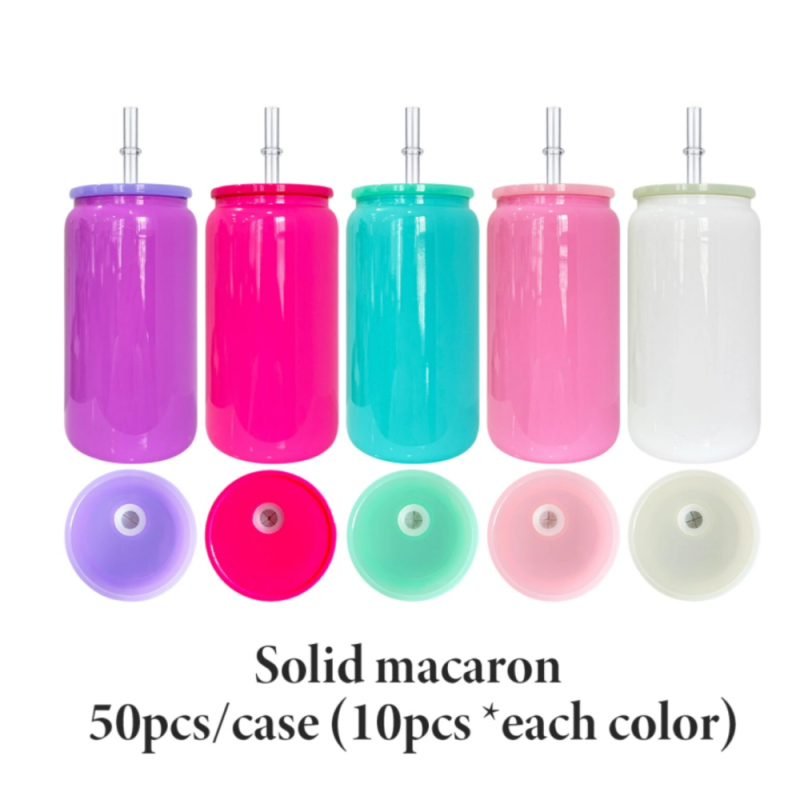 50PCS 16oz Marcaron Colors Glass Can with Plastic Lids-Rafeesub