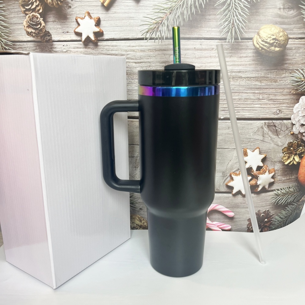 20PCS 40oz Rainbow Plated Engraved White and Black Powder Coated Stainless Steel Tumbler with Handle h2.0