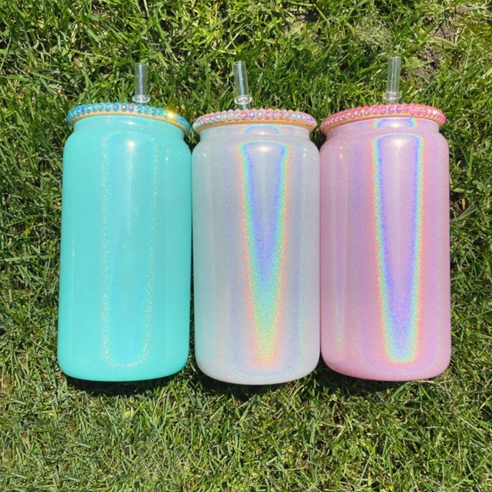 50PCS 16oz Rainbow Glitter Sublimation Glass Can | Bling Plastic Lids | | Mixed 5 Colors |
