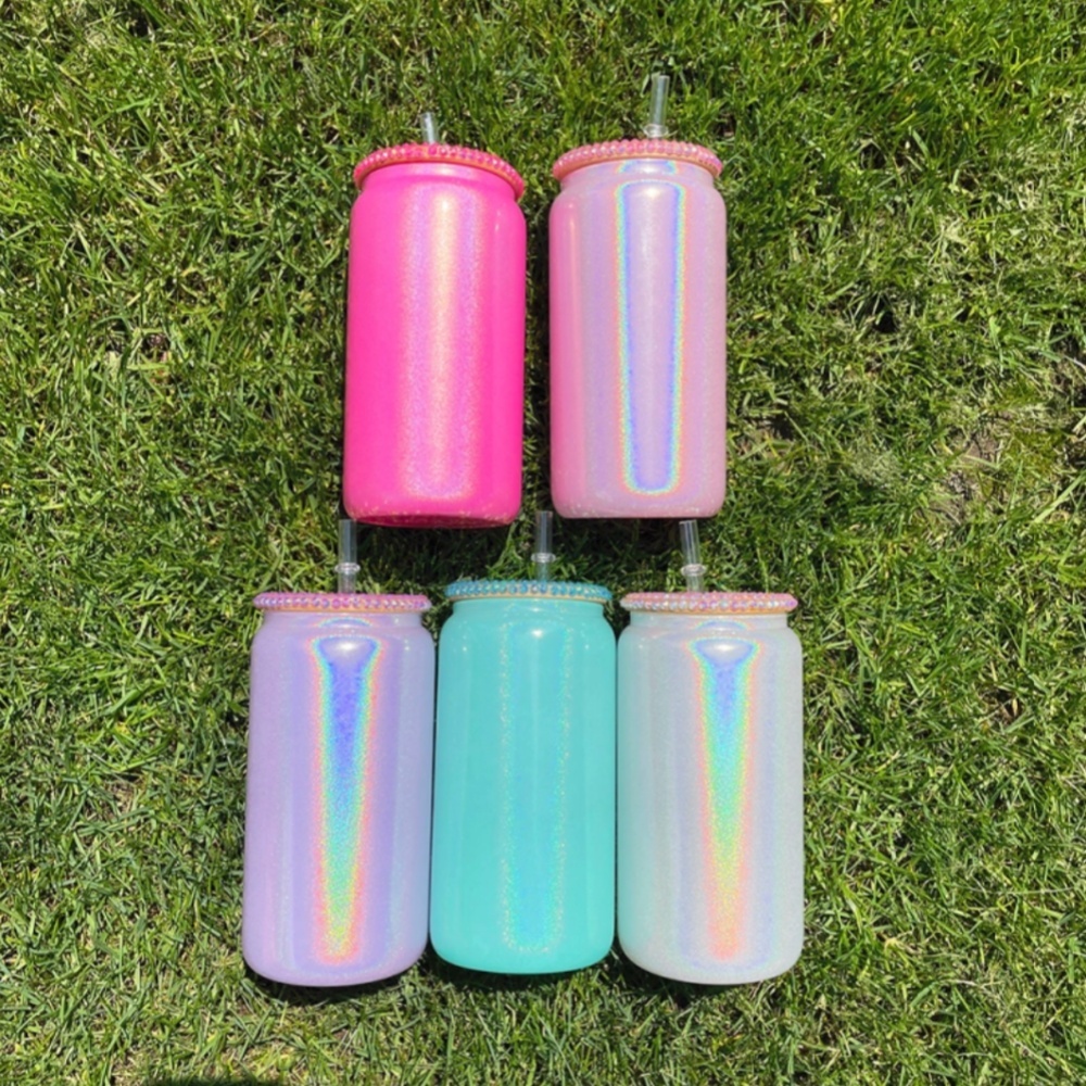 50PCS 16oz Rainbow Glitter Sublimation Glass Can | Bling Plastic Lids | | Mixed 5 Colors |