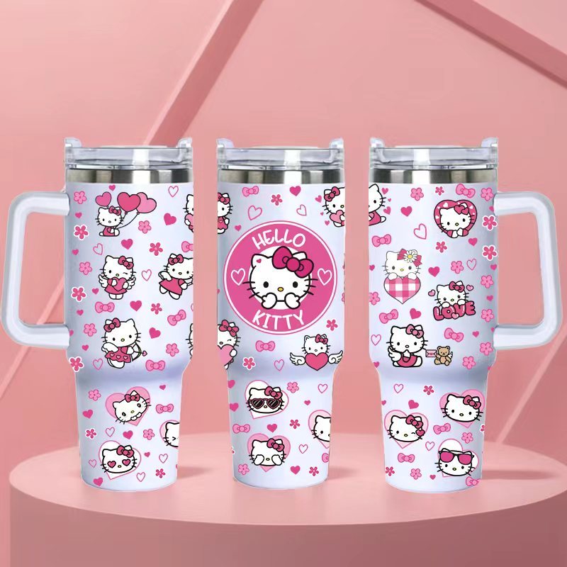 20PCS 40oz 3D Print Cute Kitty Cartoon Stainless Steel Tumbler With Handle