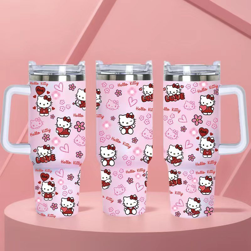 20PCS 40oz 3D Print Cute Kitty Cartoon Stainless Steel Tumbler With Handle