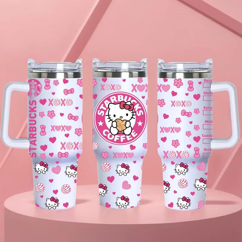 20PCS 40oz 3D Print Cute Kitty Cartoon Stainless Steel Tumbler With Handle