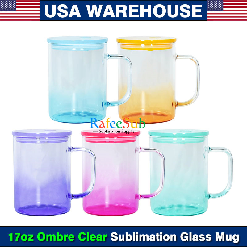 25PCS 17oz Gradient Clear Blank Sublimation Glass Mug with Color Plastic Lids