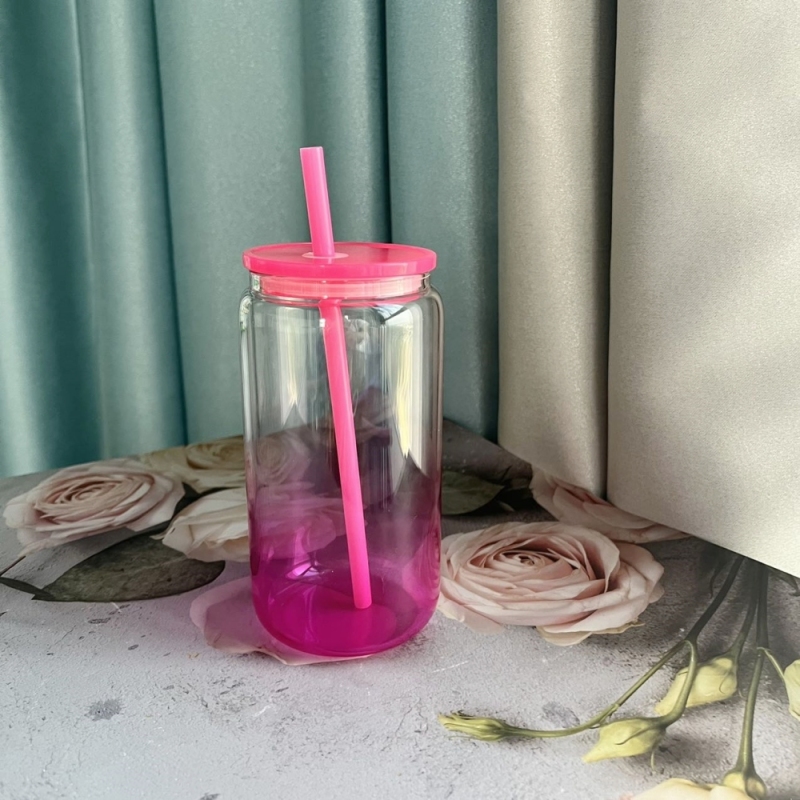 50PCS 16oz Jelly Ombre Colored Clear Blank Sublimation Glass Can with Colors Plastic Lid & Straw and Clear Glass Straw