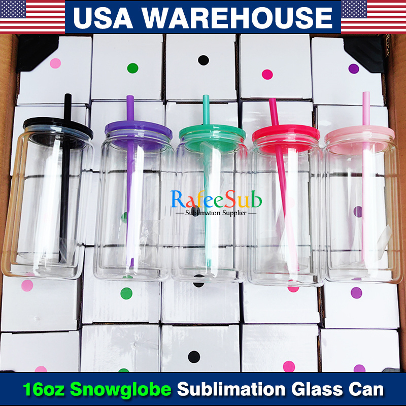 25PCS 16oz Pre Drilled Hole Clear Double Wall Blank Sublimation Snowglobe Glass Can with Plastic Lids and Rubber Stopper