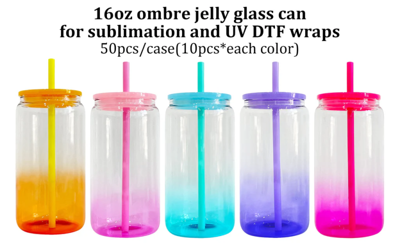 50PCS 16oz Jelly Ombre Colored Clear Blank Sublimation Glass Can with Colors Plastic Lid &amp; Straw