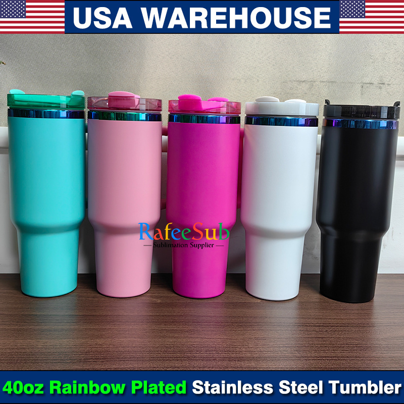20PCS 40oz Rainbow Plated Engraved White and Black Powder Coated Stainless Steel Tumbler with Handle h2.0