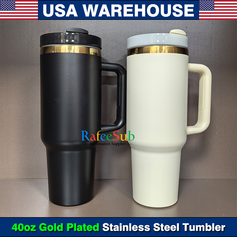 20PCS 40oz Gold Plated Engraved Cream White and Black Powder Coated Stainless Steel Tumbler with Handle h2.0