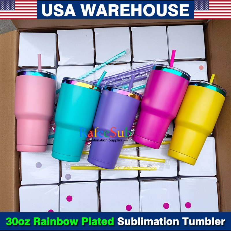 25PCS 30oz Rainbow Plated Based Powder Coated Mixed 5 Colors Blank Sublimation Stainless Steel Car Tumbler for Laser Engraving
