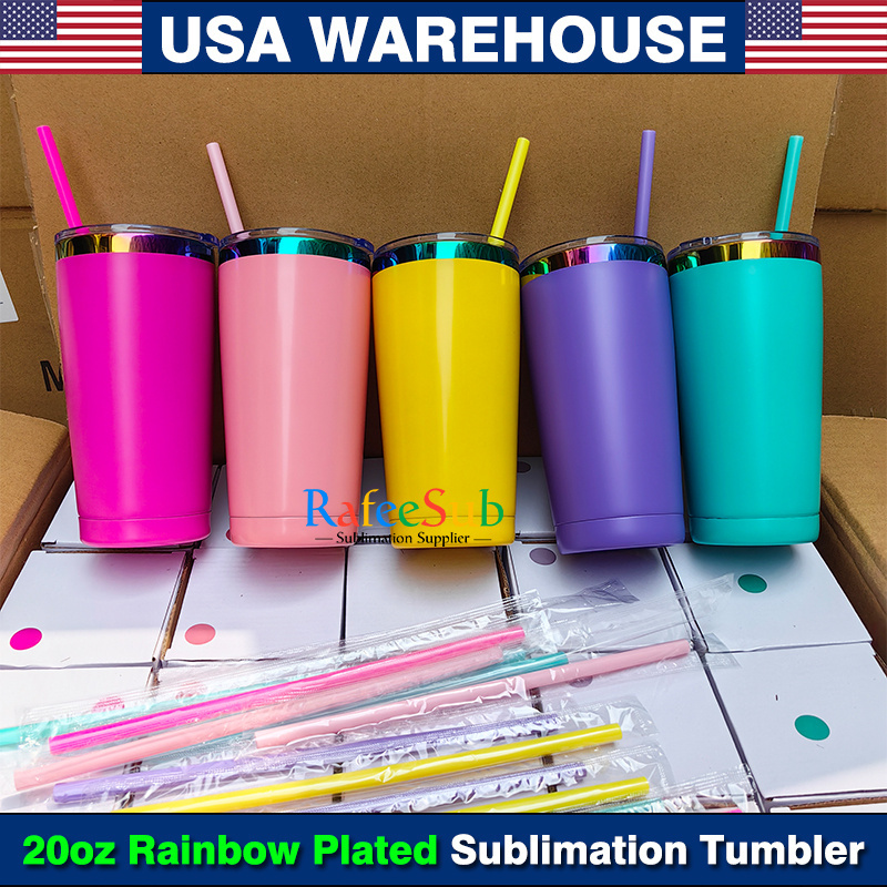 25PCS 20oz Rainbow Plated Based Powder Coated Mixed 5 Colors Blank Sublimation Stainless Steel Car Tumbler for Laser Engraving