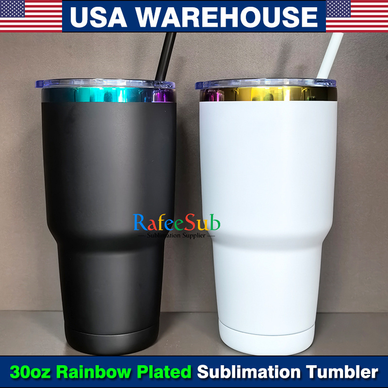 25PCS 30oz Rainbow Plated Based Powder Coated Blank Sublimation Stainless Steel Car Tumbler for Laser Engraving