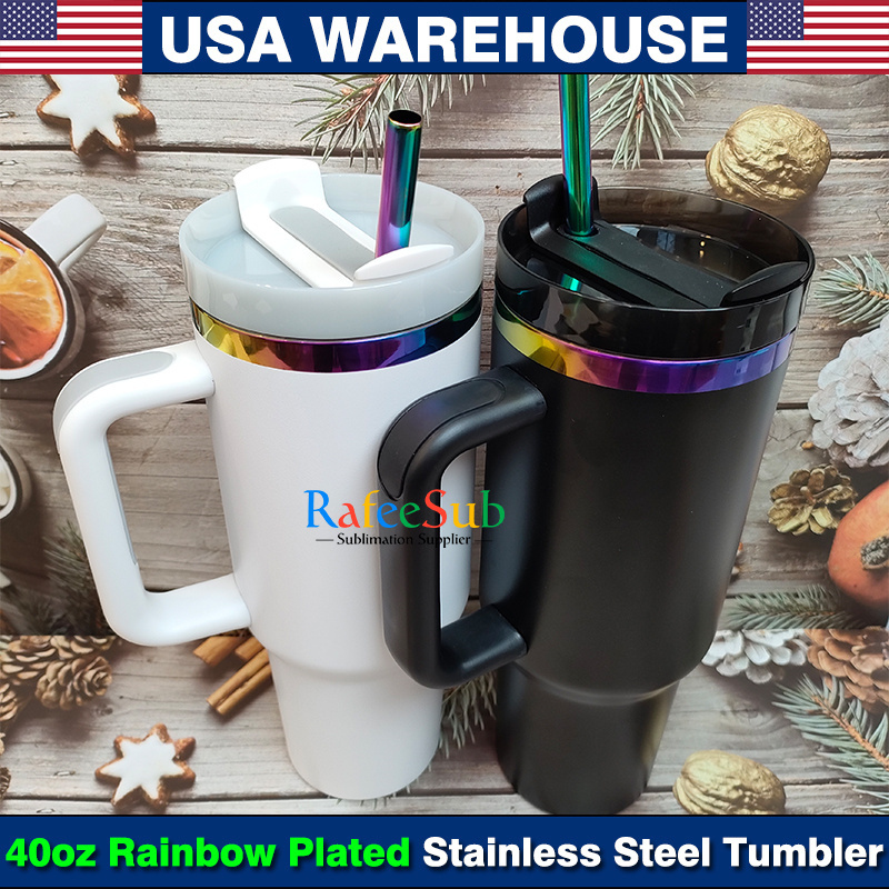 20PCS 40oz Rainbow Plated Engraved White and Black Powder Coated Stainless Steel Tumbler with Handle h2.0