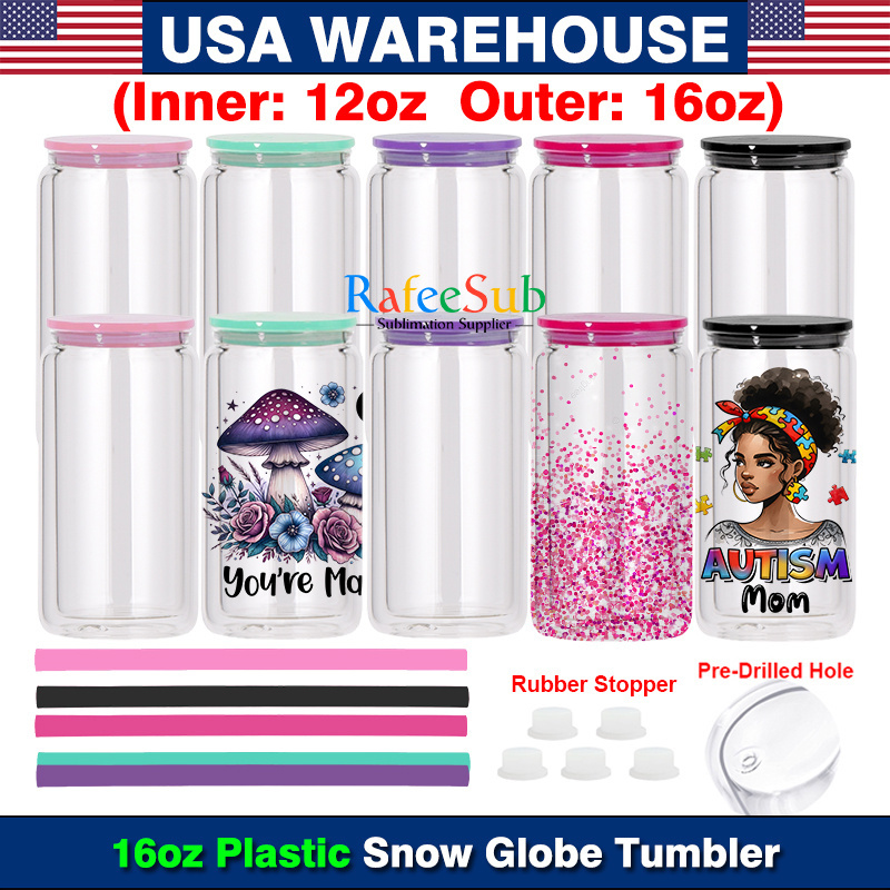 Pre-Sale 50 PCS 16oz Pre-drilled Hole Double Wall Plastic Snow Globe Tumbler with Plastic Lid and Straw
