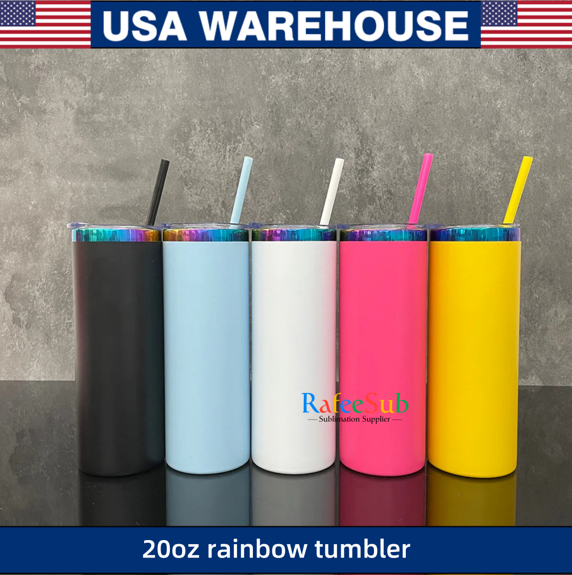 25PCS 20oz Rainbow Plated Base Powder Coated Stainless Steel Skinny Tumbler For Laser Engraving