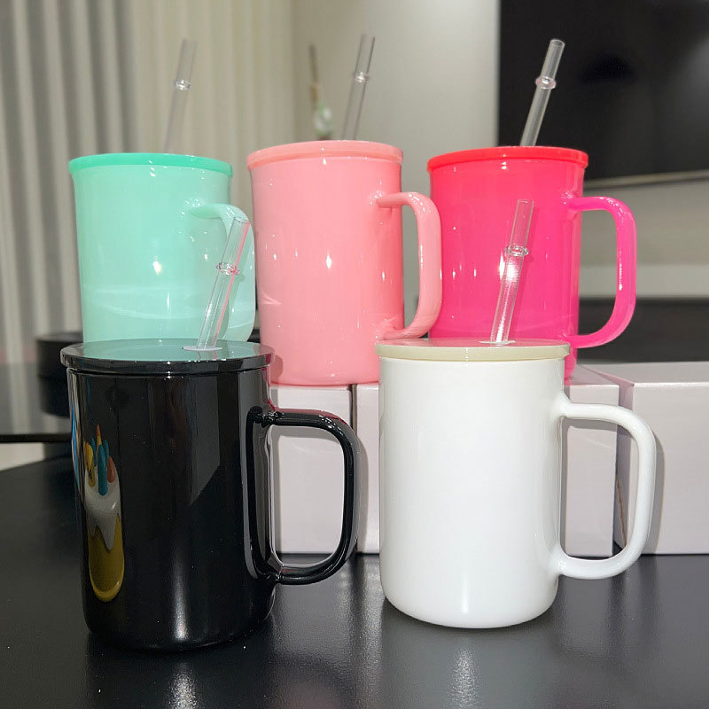 RAFEE 17oz Sublimation Color Mix Glass Can with Handle  | Plastic Straw |