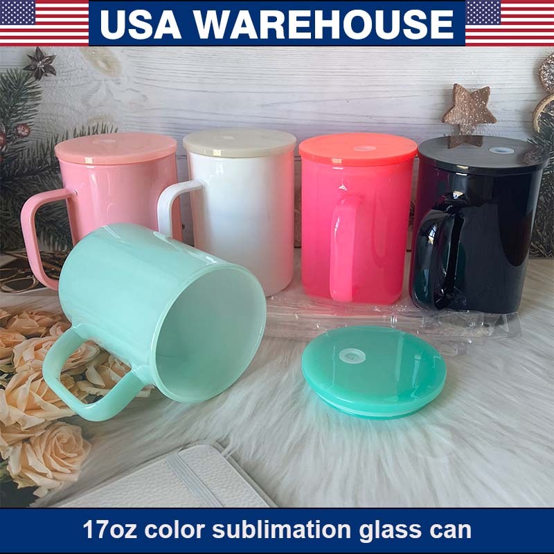 RAFEE 17oz Sublimation Color Mix Glass Can with Handle  | Plastic Straw |