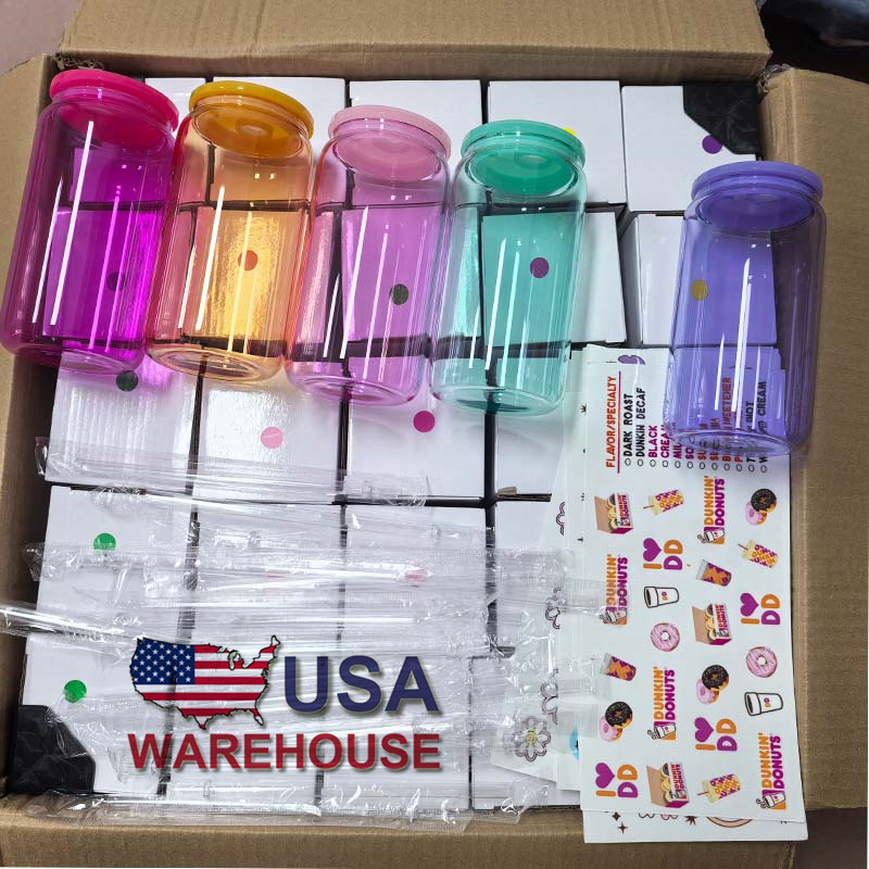 16oz jelly Colored Sublimation Glass Can | Mixed 5 Colors | | Plastic Lids |