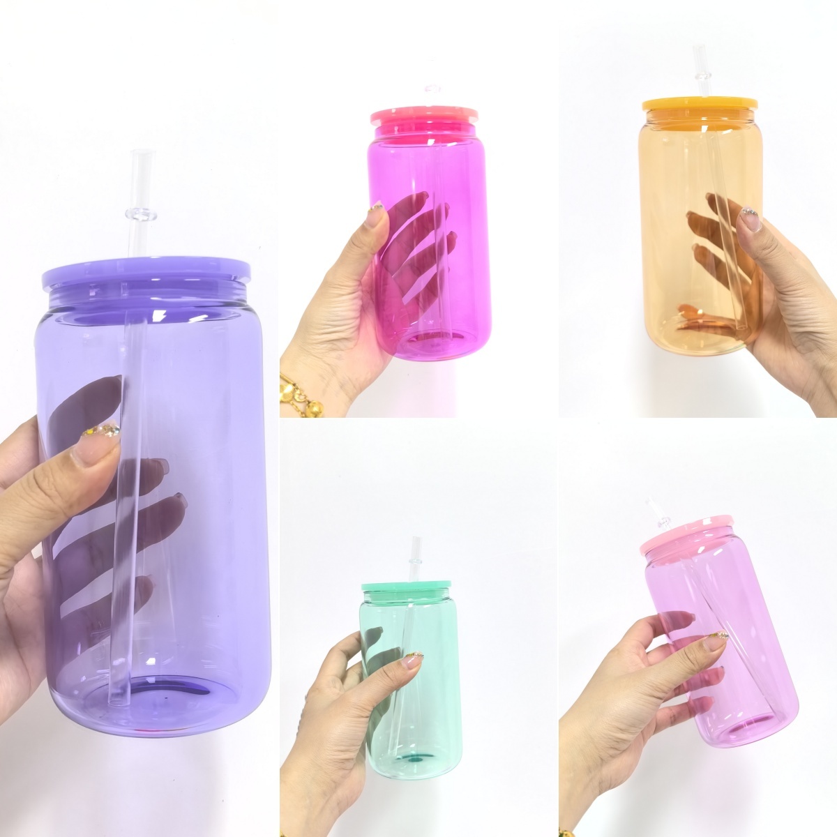 16oz jelly Colored Sublimation Glass Can | Mixed 5 Colors | | Plastic Lids |