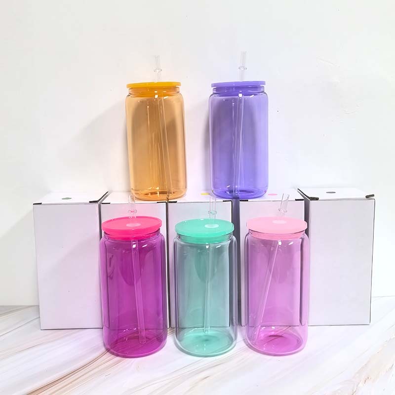 16oz jelly Colored Sublimation Glass Can | Mixed 5 Colors | | Plastic Lids |