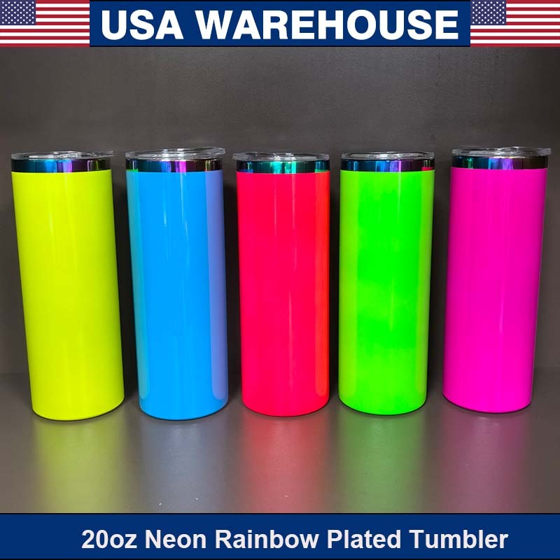 25pcs 20oz Neon Colored Rainbow Plated Sublimation and Laser Engraving Tumbler