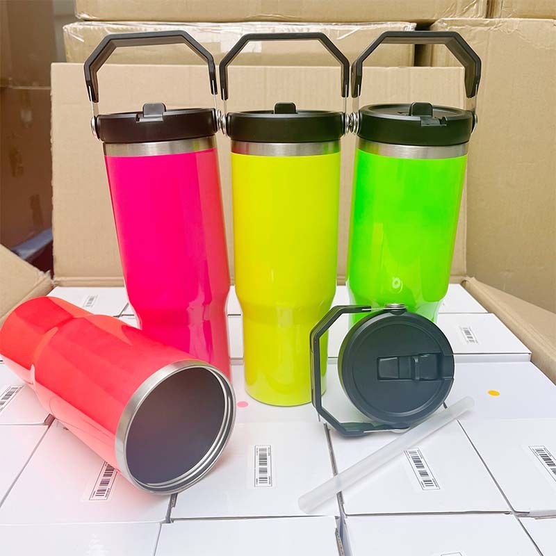 25PCS 30oz NEON COLOR Blank Sublimation Stainless Steel Tumbler with Handle and Flip Straw Lid