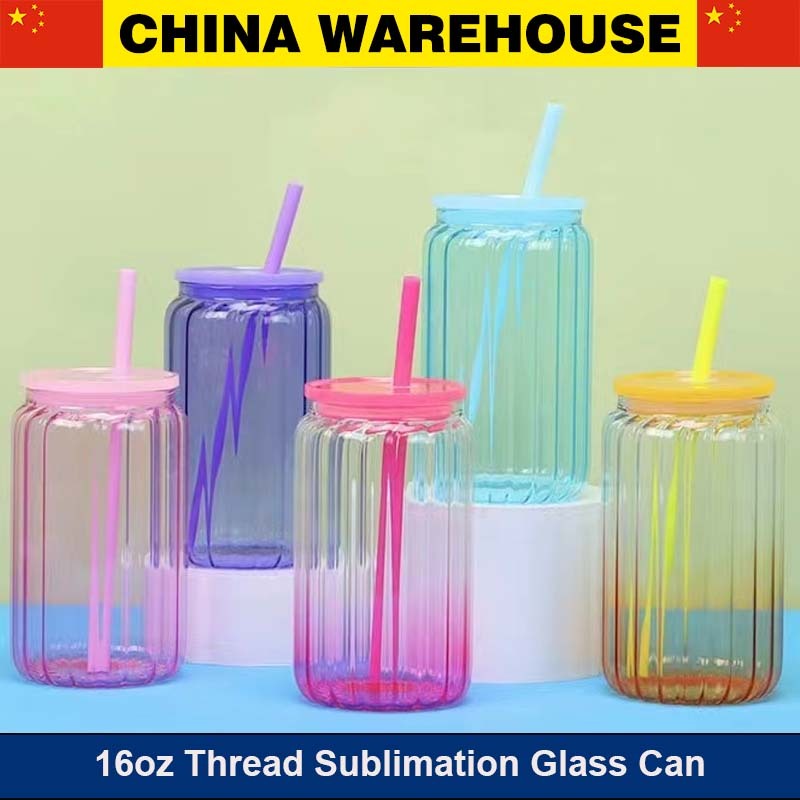 RAFEE 16oz Thread Sublimation Glass Can with Plastic Lid and Straw