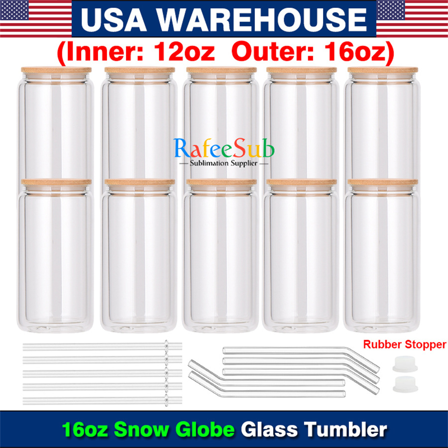 25PCS 16oz Clear Pre-drilled Hole Double Wall Snow Globe Glass Can Tumbler | Sublimation Blanks | - RafeeSub