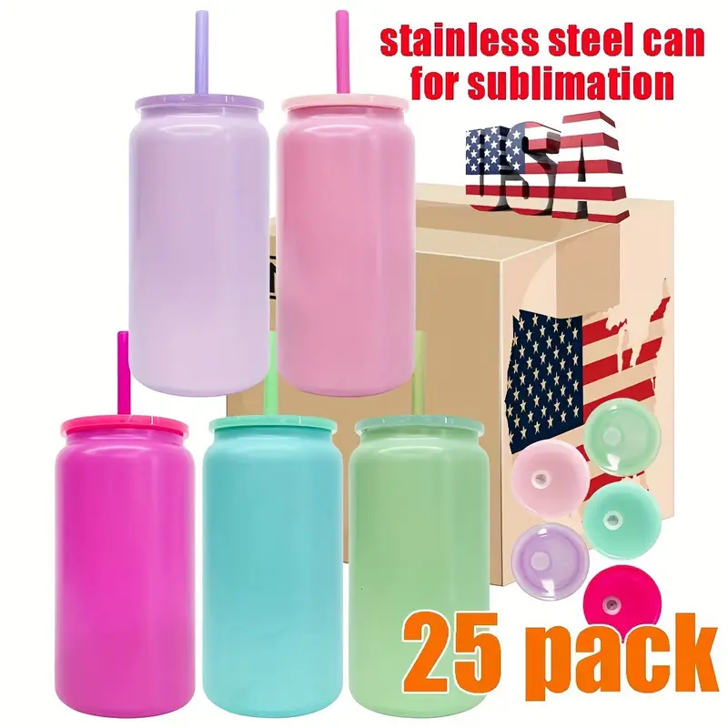 16oz Sublimation Stainless Steel Vacuum Insulated Tumbler Can With Lid And Straw- 25pcs