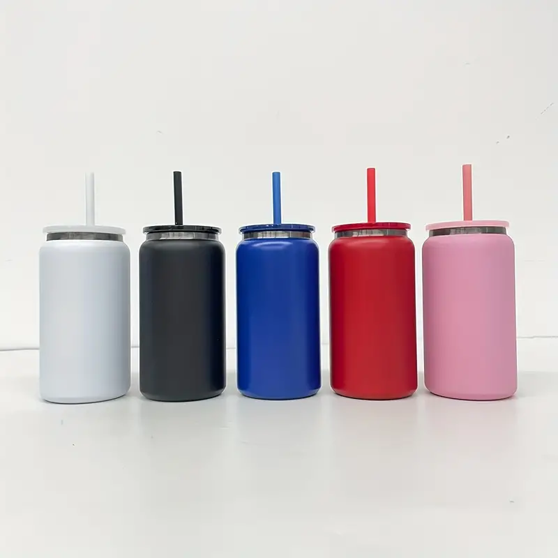 16oz Black Underneath Metal 16oz Beer Can With Plastic Lid And Colored Straw-25pcs