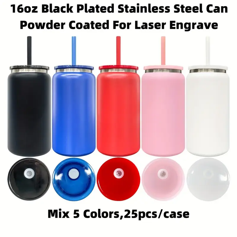 16oz Black Underneath Metal 16oz Beer Can With Plastic Lid And Colored Straw-25pcs