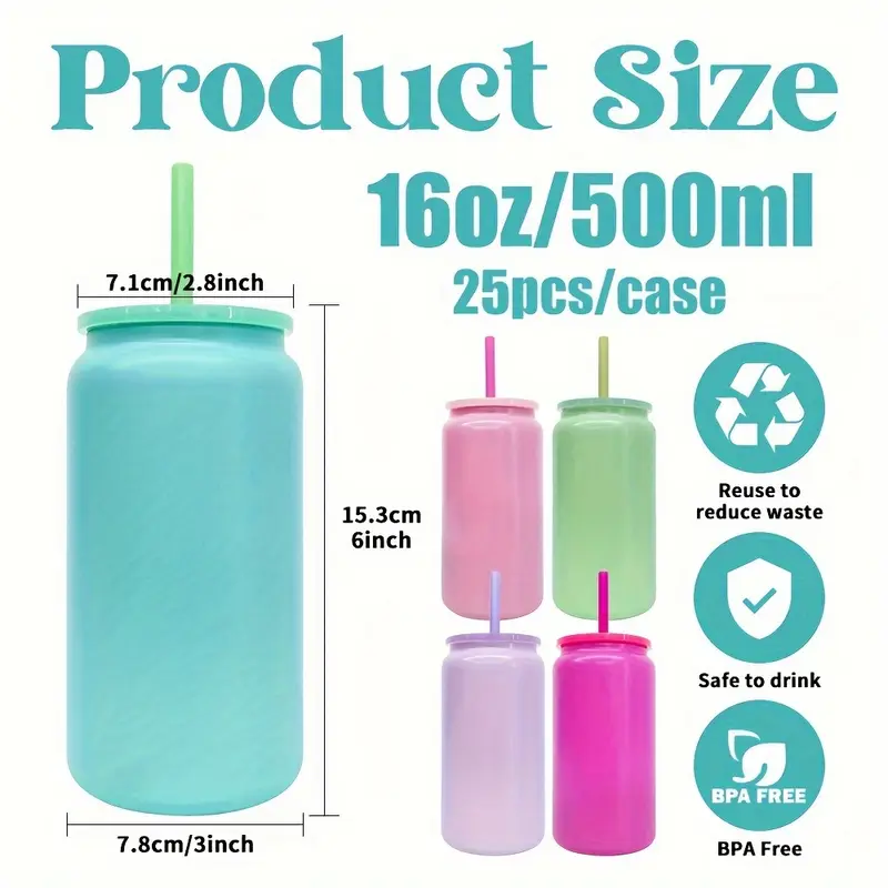 16oz Sublimation Stainless Steel Vacuum Insulated Tumbler Can With Lid And Straw- 25pcs