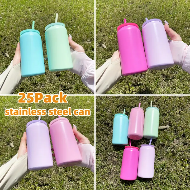 16oz Sublimation Stainless Steel Vacuum Insulated Tumbler Can With Lid And Straw- 25pcs