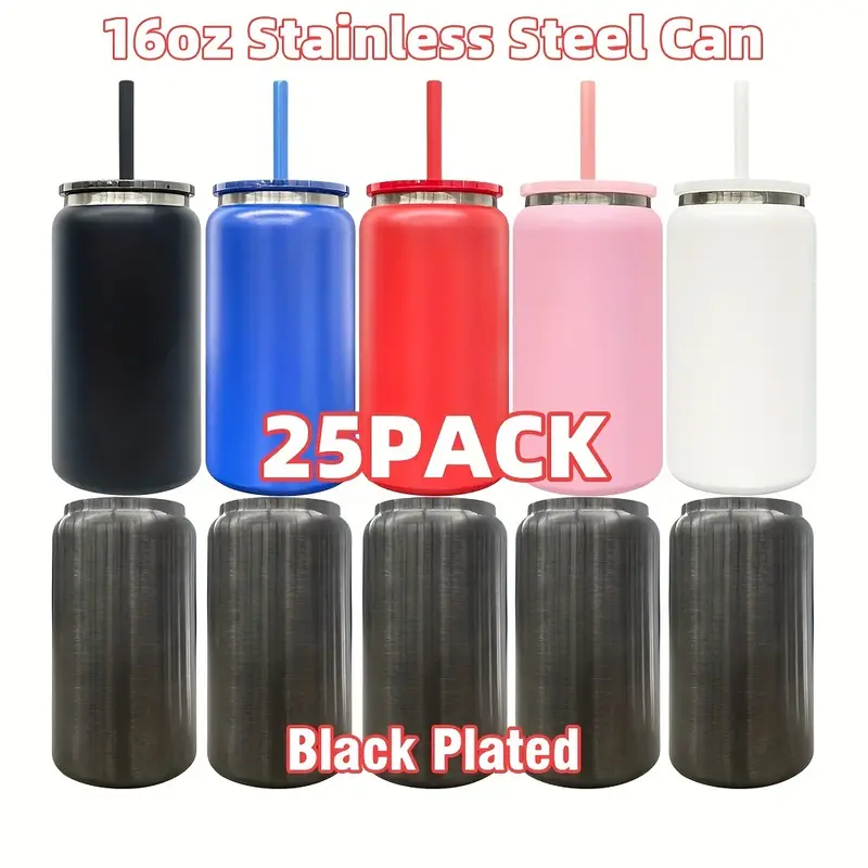 16oz Black Underneath Metal 16oz Beer Can With Plastic Lid And Colored Straw-25pcs