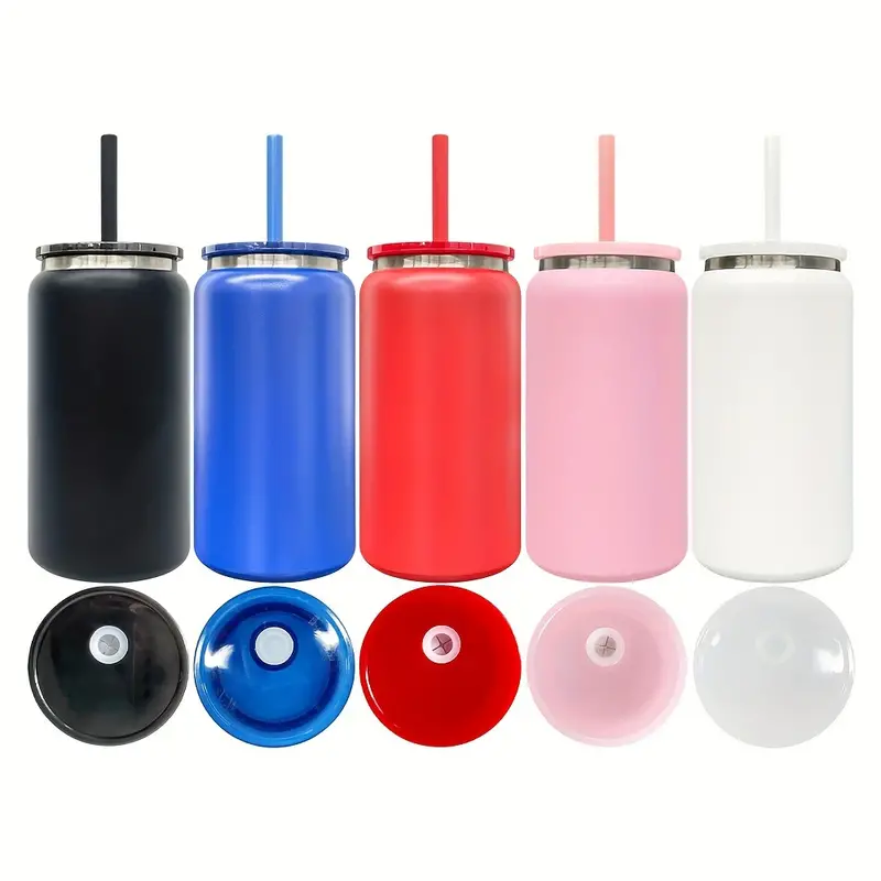 16oz Black Underneath Metal 16oz Beer Can With Plastic Lid And Colored Straw-25pcs