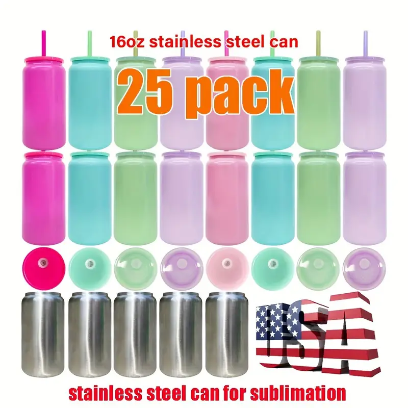 16oz Sublimation Stainless Steel Vacuum Insulated Tumbler Can With Lid And Straw- 25pcs