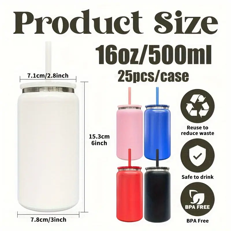 16oz Black Underneath Metal 16oz Beer Can With Plastic Lid And Colored Straw-25pcs