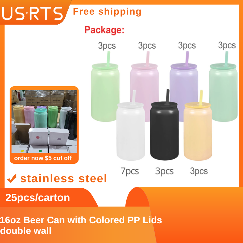 16oz Sublimation Stainless Steel Vacuum Insulated Tumbler Can With Lid And Straw- 25pcs