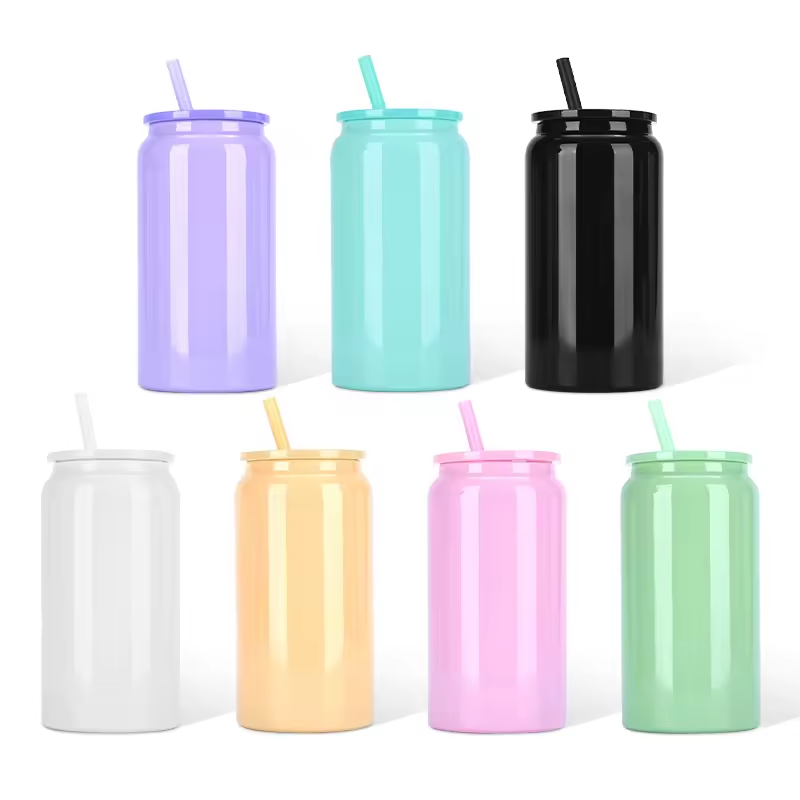 16oz Glossy Sublimation Stainless Steel Soda Beer Can with Colored PP Lids-25pcs