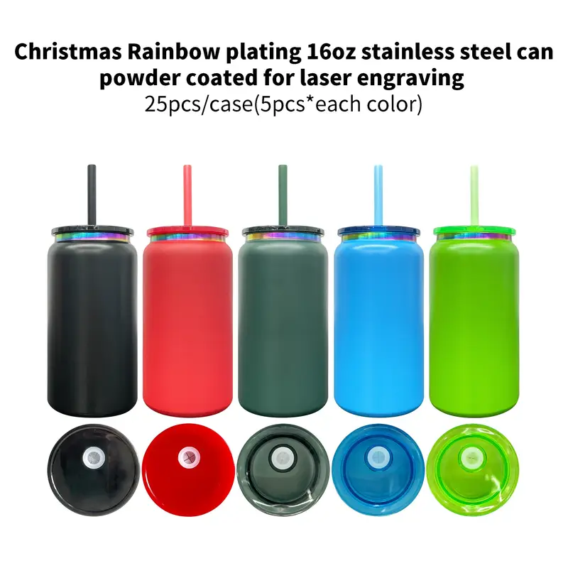 16oz Rainbow Plated Vacuum Insulated Stainless Steel Can for Laser Engraving-25pcs