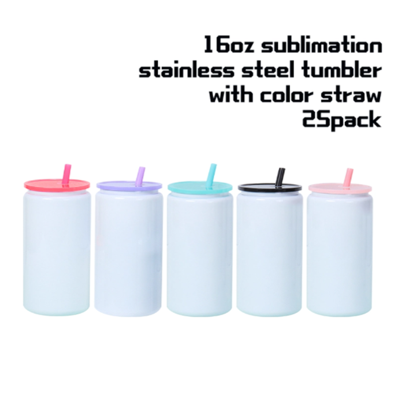 25pcs 16oz sublimation white stainless steel can with color pp lids