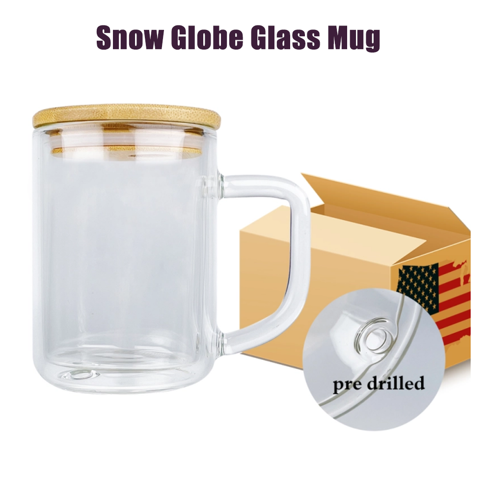 11oz 15oz Clear Double Wall Snow Globe Sublimatable Glass Cups Coffee Mug with Handle and Pre Drilled Hole