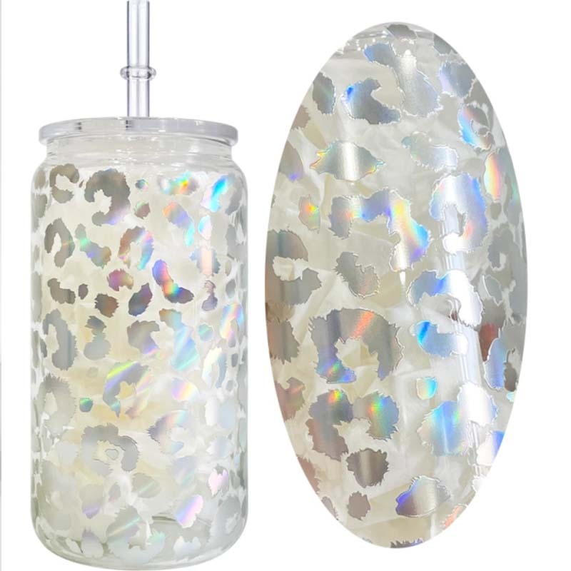 50PCS 16oz Clear Holographic Leopard Print Sublimation Glass Can with PP lid