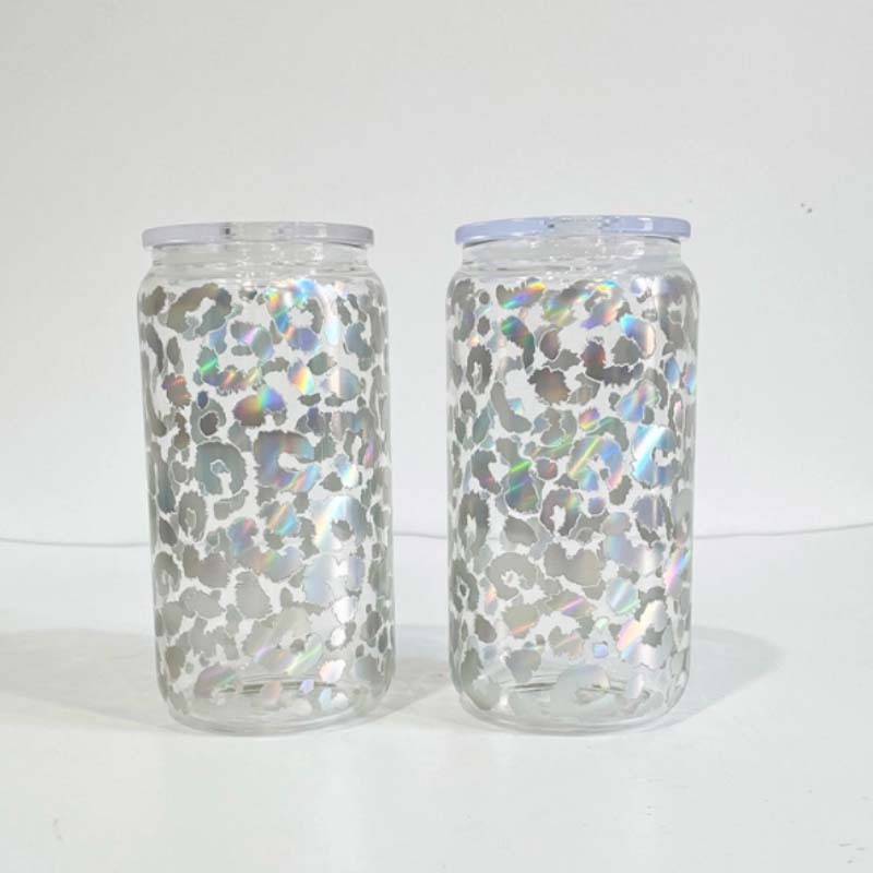 50PCS 16oz Clear Holographic Leopard Print Sublimation Glass Can with PP lid