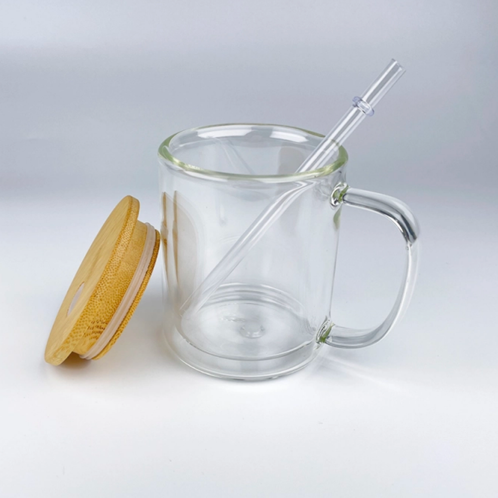 11oz 15oz Clear Double Wall Snow Globe Sublimatable Glass Cups Coffee Mug with Handle and Pre Drilled Hole
