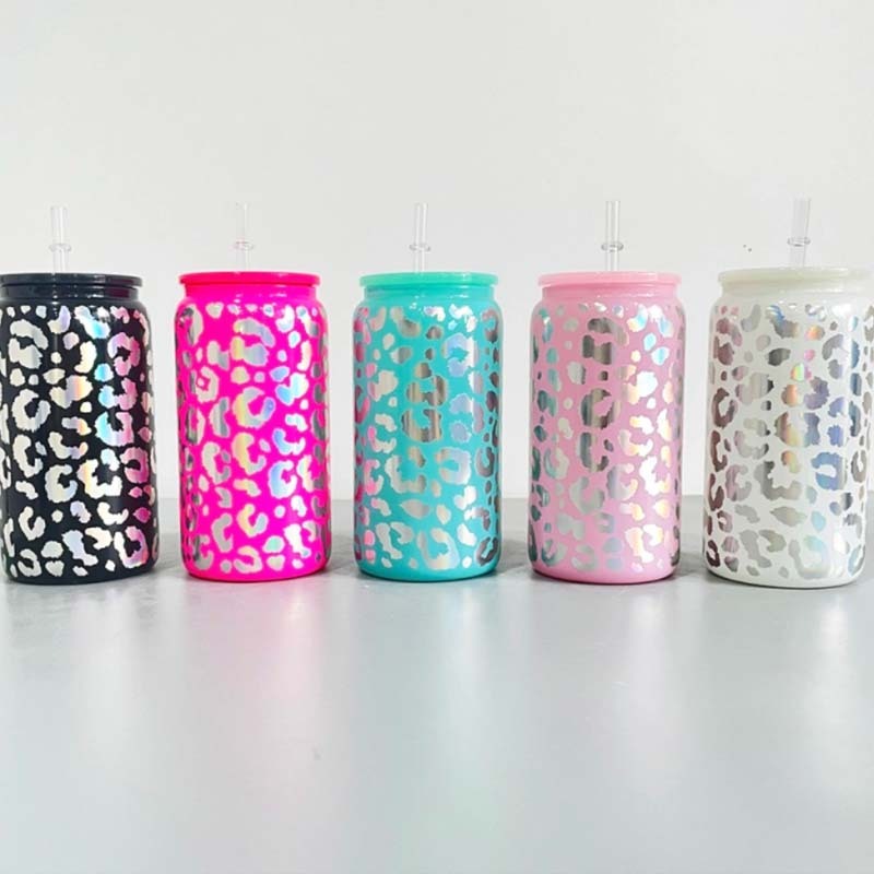50PCS 16oz Mix Color Holographic Leopard Print Sublimation Glass Can with PP lid