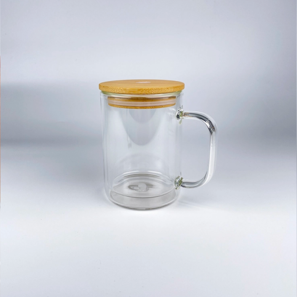 11oz 15oz Clear Double Wall Snow Globe Sublimatable Glass Cups Coffee Mug with Handle and Pre Drilled Hole