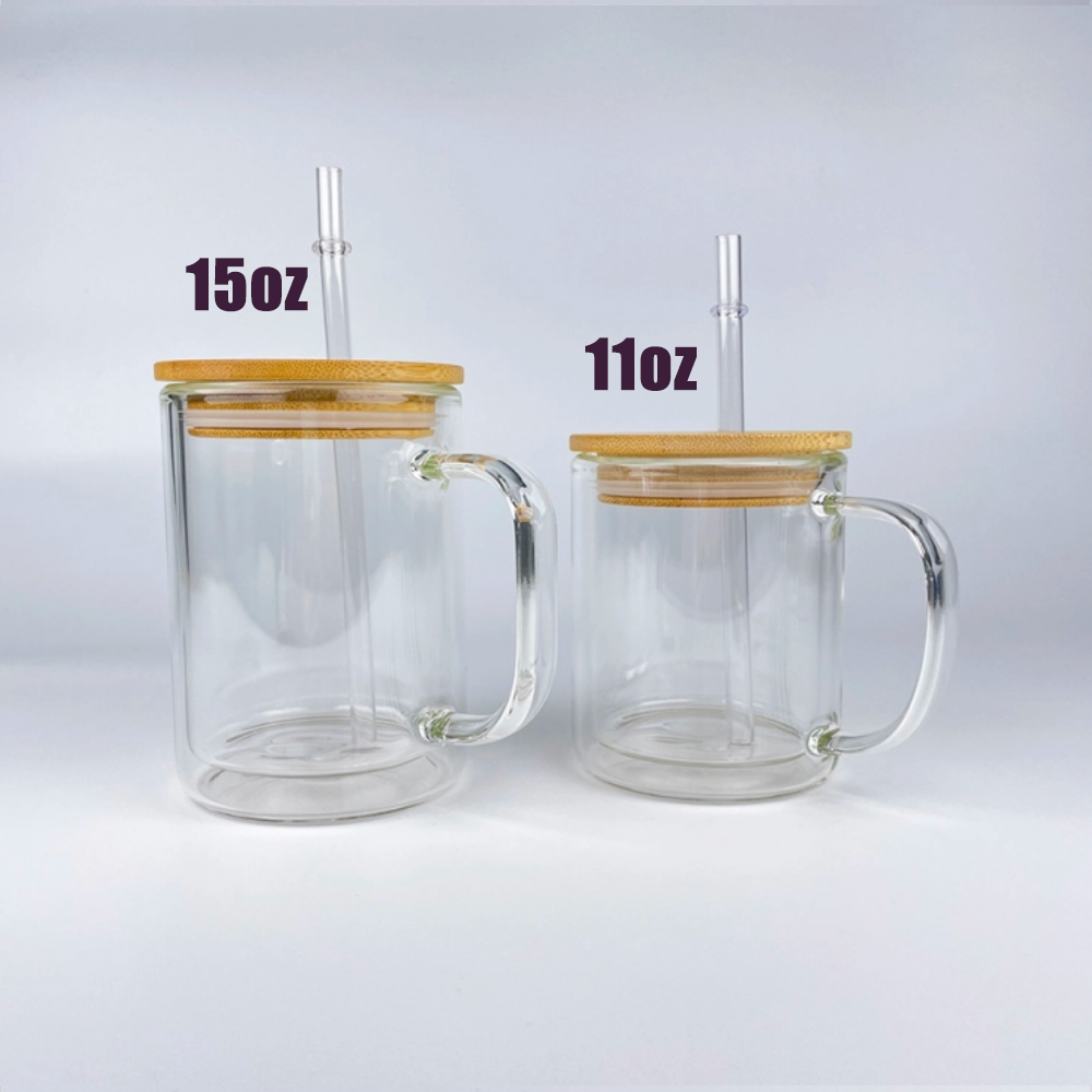 11oz 15oz Clear Double Wall Snow Globe Sublimatable Glass Cups Coffee Mug with Handle and Pre Drilled Hole