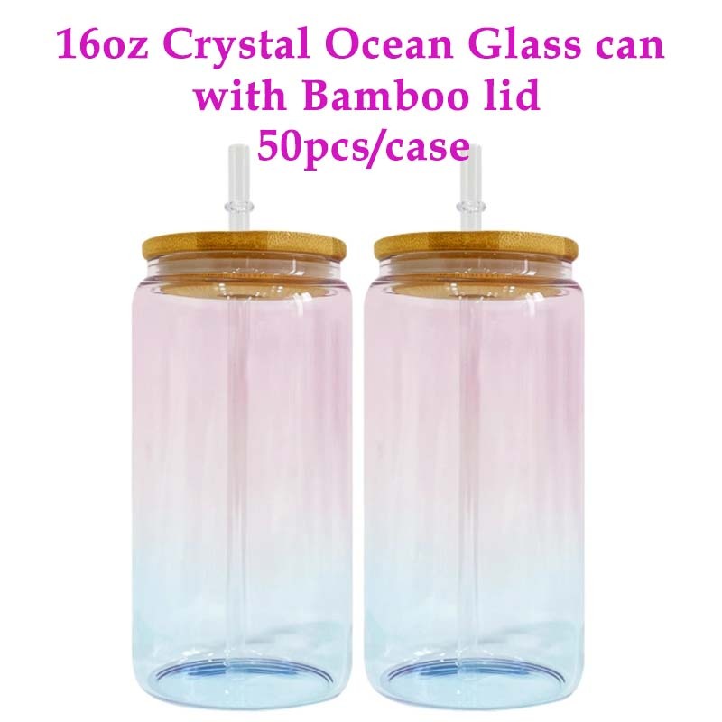 50PCS 16oz Crystal Ocean Glass Can With PP and Bamboo Lid-Rafeesub